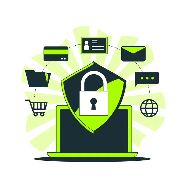 Illustration of a shield with a padlock surrounded by digital security icons representing cybersecurity enhancements.