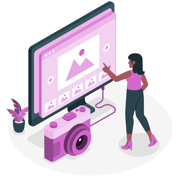 Illustration of image and multimedia optimization process with speed and quality icons.