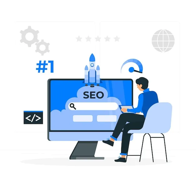 Illustration of SEO optimization tools and analytics for improving website performance and search engine rankings.
