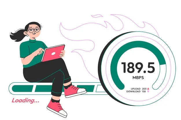 Illustration of website loading fast with speedometer and optimization icons.